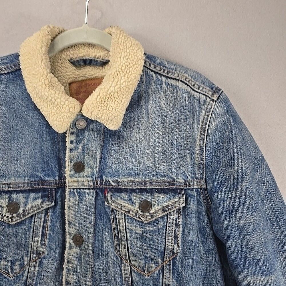 Levis Jacket Mens Sz S Denim Sherpa Lined Trucker Snap Workwear Type 3 Blue